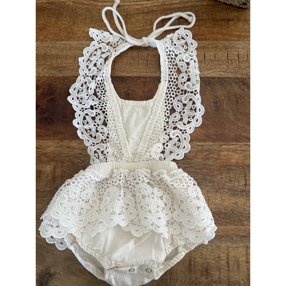 Baby Girl Boho Lace Romper Ivory Bubble Outfit Size 80 12‎ Months Photography